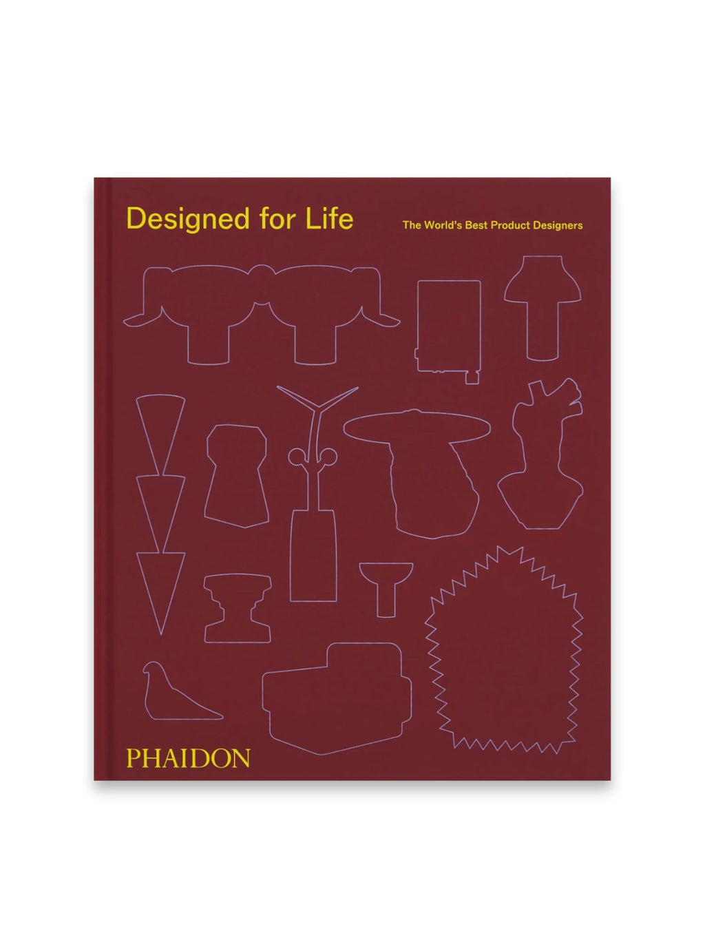 Book Designed for Life, a hardcover book featuring a rich maroon cover with yellow text and white line art silhouettes of various product designs. This insightful book is perfect for aspiring product designers, design students, and anyone interested in modern design history.