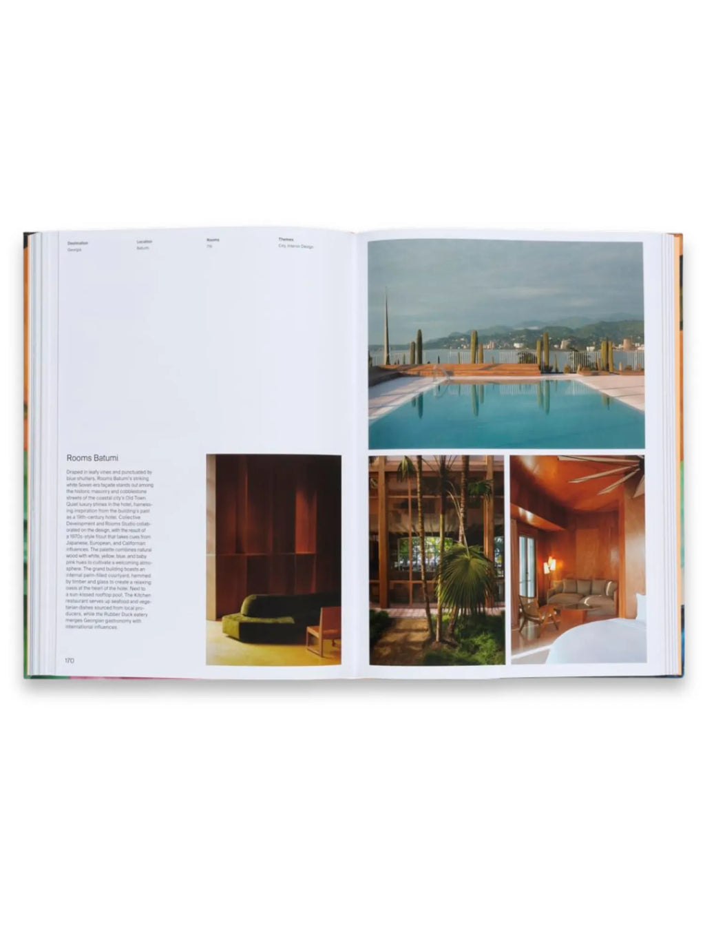 Book Designed to Stay, an open coffee table book displaying vibrant, full-color photographs of luxurious hotel interiors and exteriors, including a stunning rooftop pool, a lush courtyard, and a stylish lounge with warm wooden accents. This premium book is perfect for interior design enthusiasts and travel lovers seeking inspiration for modern and elegant spaces.