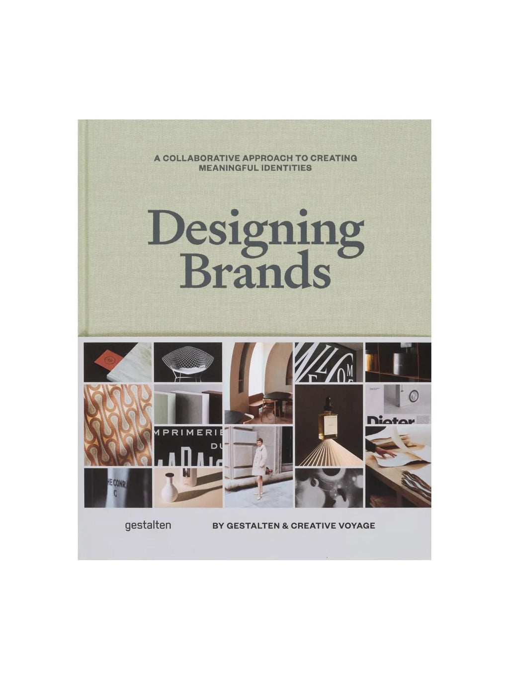Book Designing Brands, a premium hardcover book with a textured light green fabric cover and bold "Designing Brands" title. The bottom section of the book features a collage of design images, including a wire chair, product bottles, and abstract patterns. This comprehensive design book is ideal for graphic designers, marketing professionals, and branding enthusiasts seeking inspiration and practical knowledge.