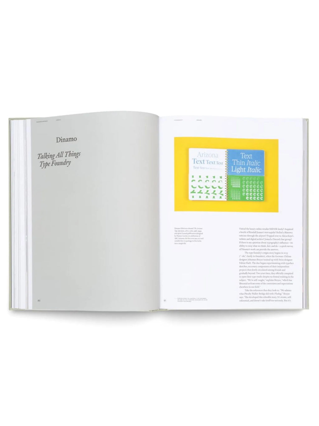 Book Designing Brands, an open, elegant softcover book showcasing design principles and typography. Inside, it features crisp pages with "Dinamo Talking All Things Type Foundry" text on the left and a vibrant yellow and blue layout demonstrating typography examples on the right. This premium design book is perfect for graphic designers, branding professionals, and anyone passionate about visual communication and brand development.
