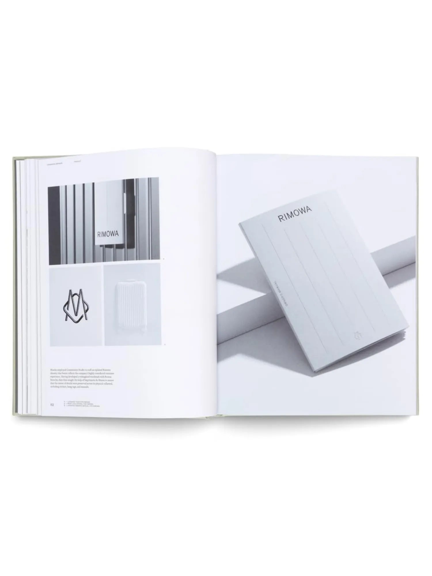 Book Designing Brands, an open design book showcasing minimalist Rimowa branding examples on glossy white pages. Ideal for graphic designers and marketing professionals seeking inspiration.