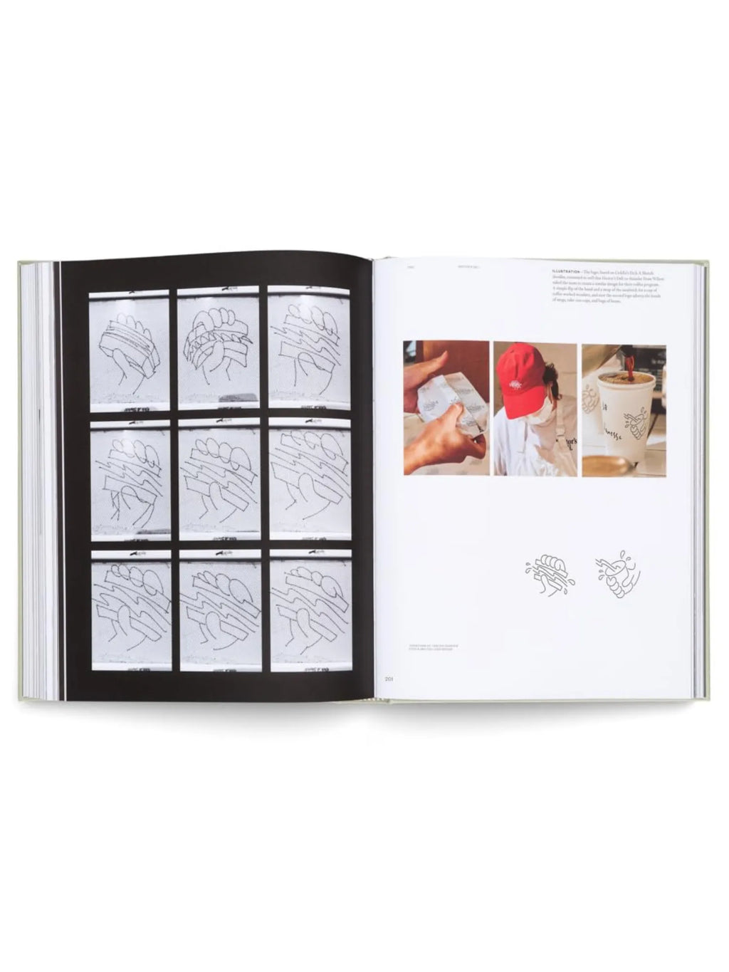 Book Designing Brands, an open hardcover book showcasing creative design processes. The left page features nine sequential sketches of a hand holding a stylized sandwich, while the right page displays three photos of branding in action (product packaging, a person wearing a branded hat, and a branded cup) alongside two finished logo illustrations. This essential design book is perfect for graphic designers, marketing professionals, and branding students seeking inspiration and practical insights.