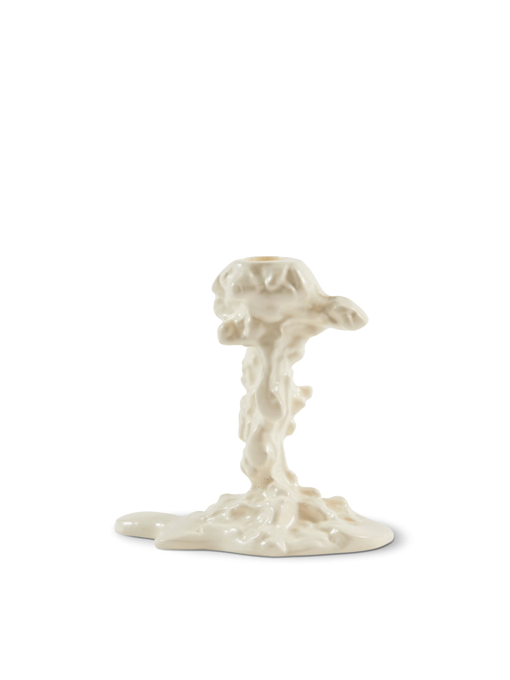 POLSPOTTEN Drip Candle Holder, a cream-colored glazed ceramic candle holder featuring a unique sculptural form that mimics melting wax drips, creating an organic and artistic contemporary design. Its glossy finish highlights the irregular, playful texture, offering a distinct visual appeal. Perfect for modern minimalist shelf styling, as a dining table centerpiece, or a unique home decor accent in contemporary living rooms.