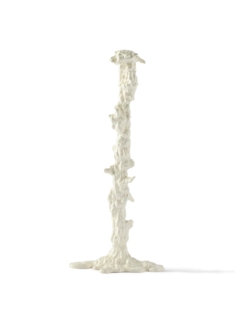 POLSPOTTEN Drip Candle Holder, a tall, sculptural cream-colored glazed stoneware candle holder featuring an expressive, organic melted wax texture and an irregular, slender column shape with a wide, drippy.