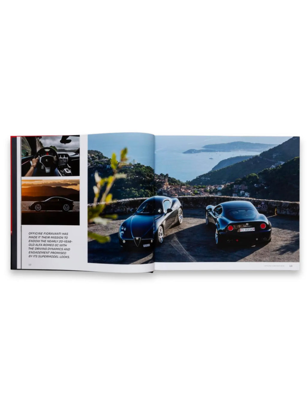 Book Drive Different, an open hardcover book featuring vibrant photos of luxury cars. The left page displays a collage of an interior car shot, a black sports car silhouette against a sunset, and descriptive text. The right page showcases two elegant black sports cars parked on a scenic overlook, with a stunning blue ocean and mountainous coastline in the background. This premium automotive book is perfect for car enthusiasts and collectors seeking high-quality visual content and engaging narratives.