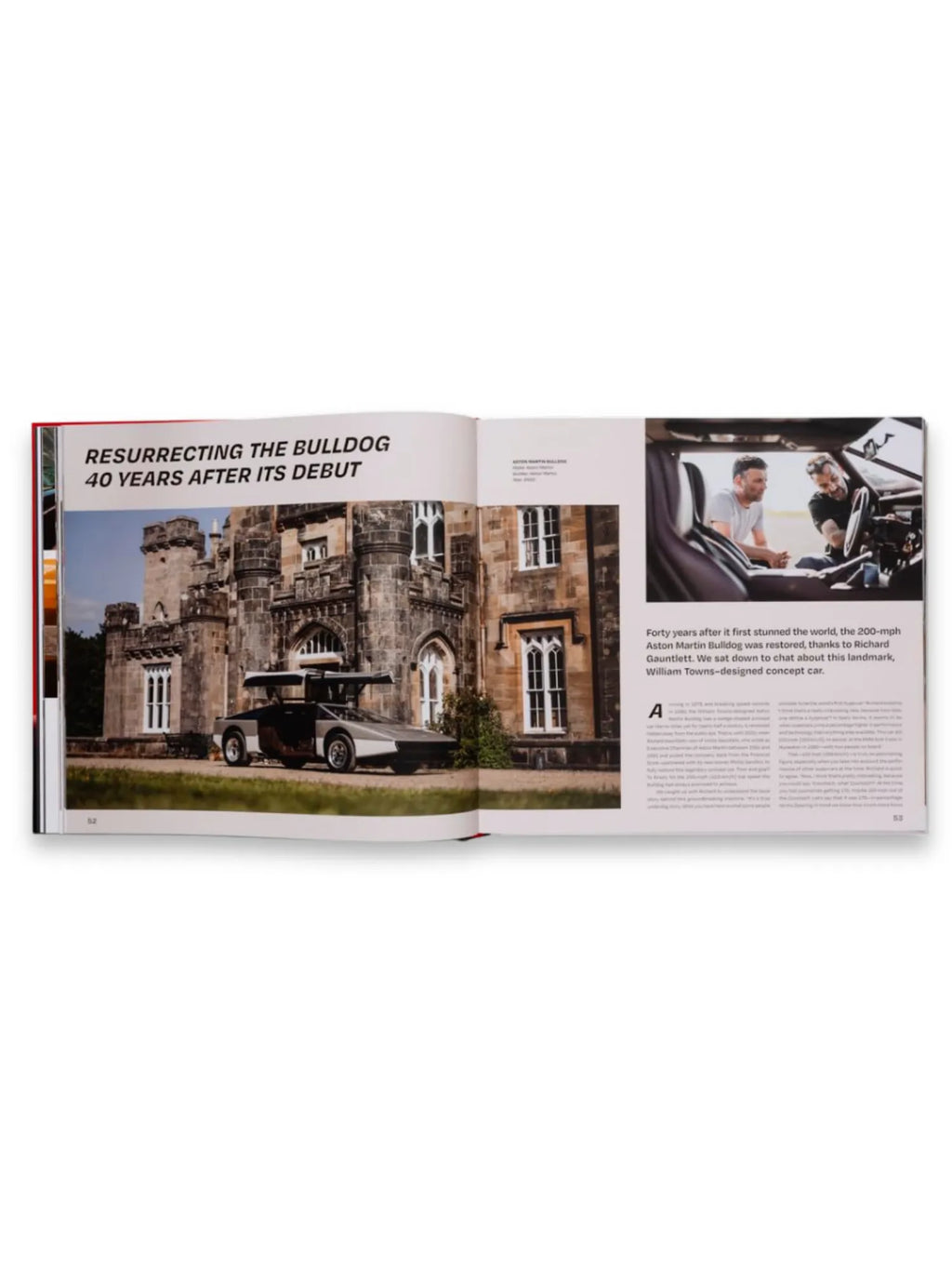 Book Drive Different, an open, glossy hardcover book displaying a spread with a vintage Aston Martin Bulldog concept car parked in front of a historic stone manor, alongside text about its restoration and an image of two men discussing the car's interior. This premium automotive book is ideal for classic car enthusiasts and design history collectors.