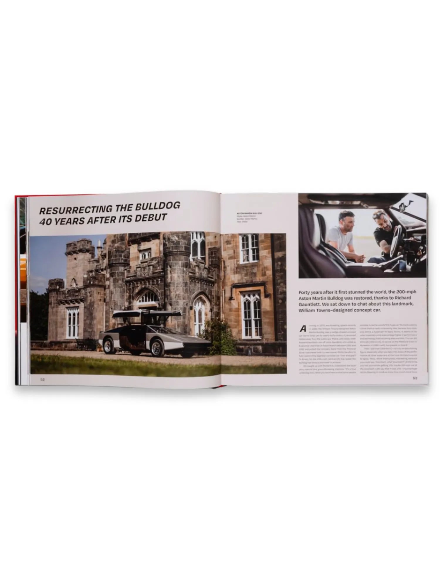 Book Drive Different, an open, glossy hardcover book displaying a spread with a vintage Aston Martin Bulldog concept car parked in front of a historic stone manor, alongside text about its restoration and an image of two men discussing the car's interior. This premium automotive book is ideal for classic car enthusiasts and design history collectors.