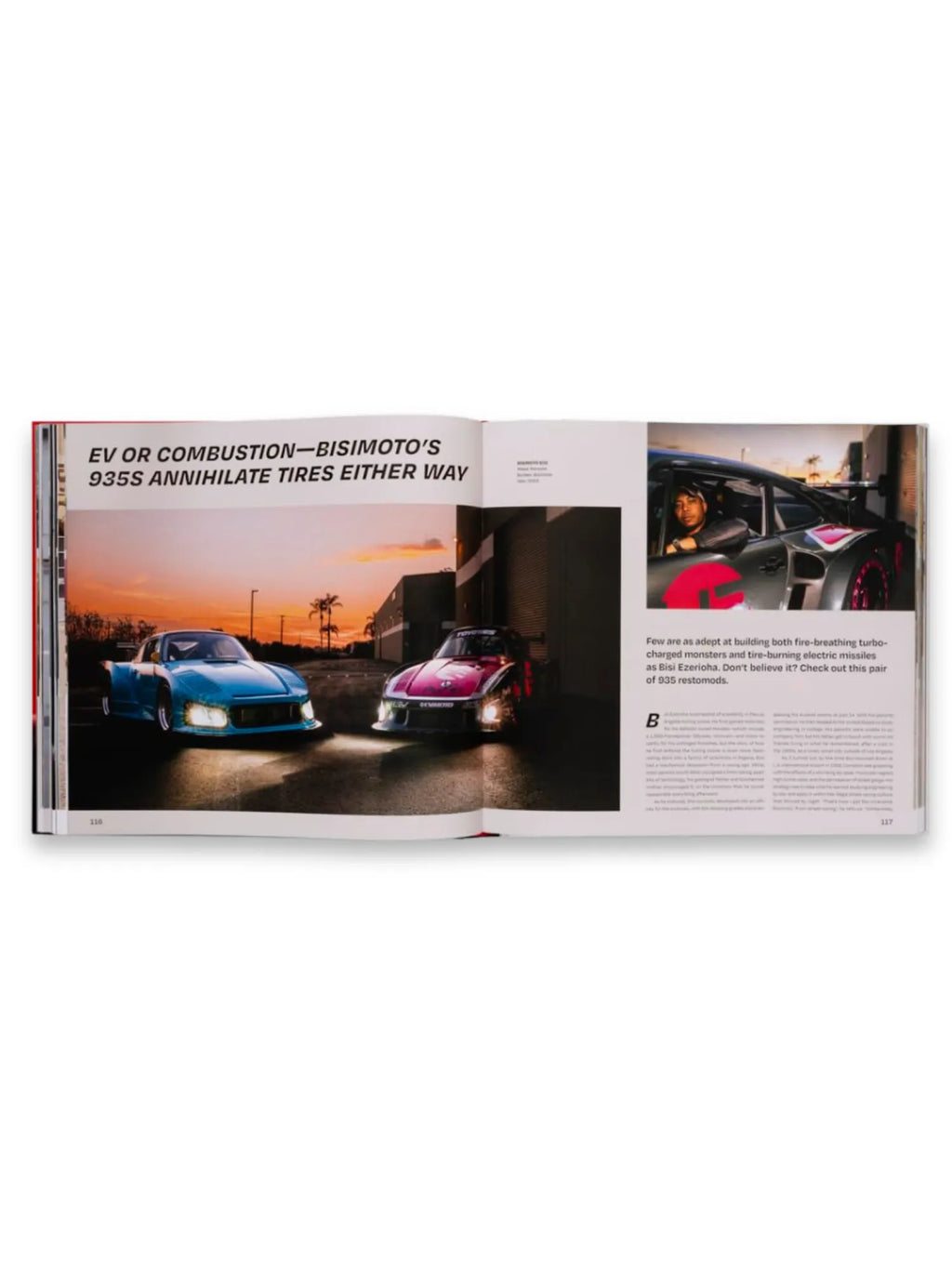 Book Drive Different, an open book displaying a vibrant spread featuring two custom BisiMoto 935s, one electric blue and one magenta, under a dramatic sunset sky. This premium automotive book offers captivating insights and stunning photography for car enthusiasts and luxury lifestyle readers.