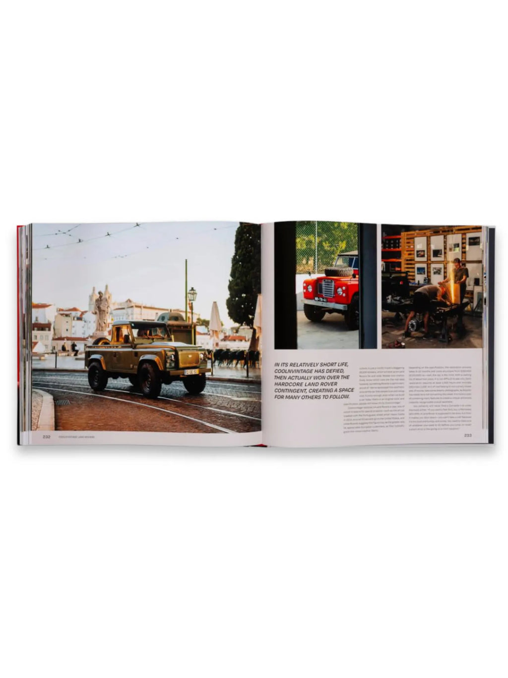 Book Drive Different, an open hardcover book displaying vibrant photographs and text about Land Rovers. The left page features a classic olive green Land Rover pickup on a cobblestone street, while the right page shows a red Land Rover and a workshop scene, with descriptive text underneath. This premium automotive book is perfect for vintage car enthusiasts and collectors.