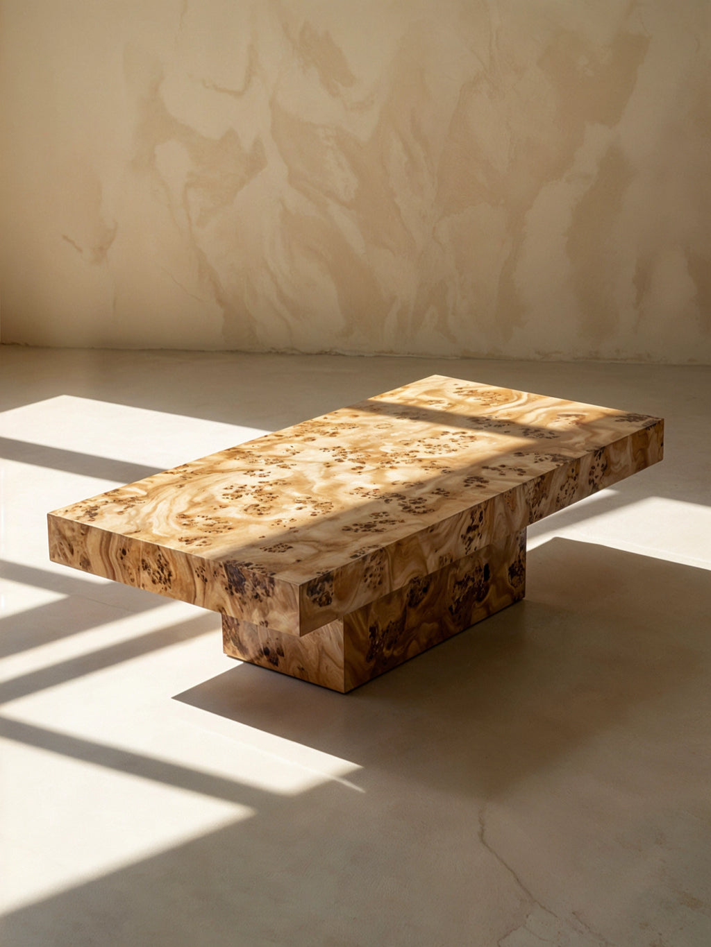 TCL Studios Dune Burlwood Coffee Table, a striking rectangular organic modern coffee table crafted from rich burlwood veneer, showcasing intricate natural wood grain patterns in warm light and medium brown tones. Its substantial block-like form features a cantilevered top, creating a sculptural and contemporary silhouette. Perfect as a luxurious centerpiece for minimalist or brutalist-inspired living rooms.
