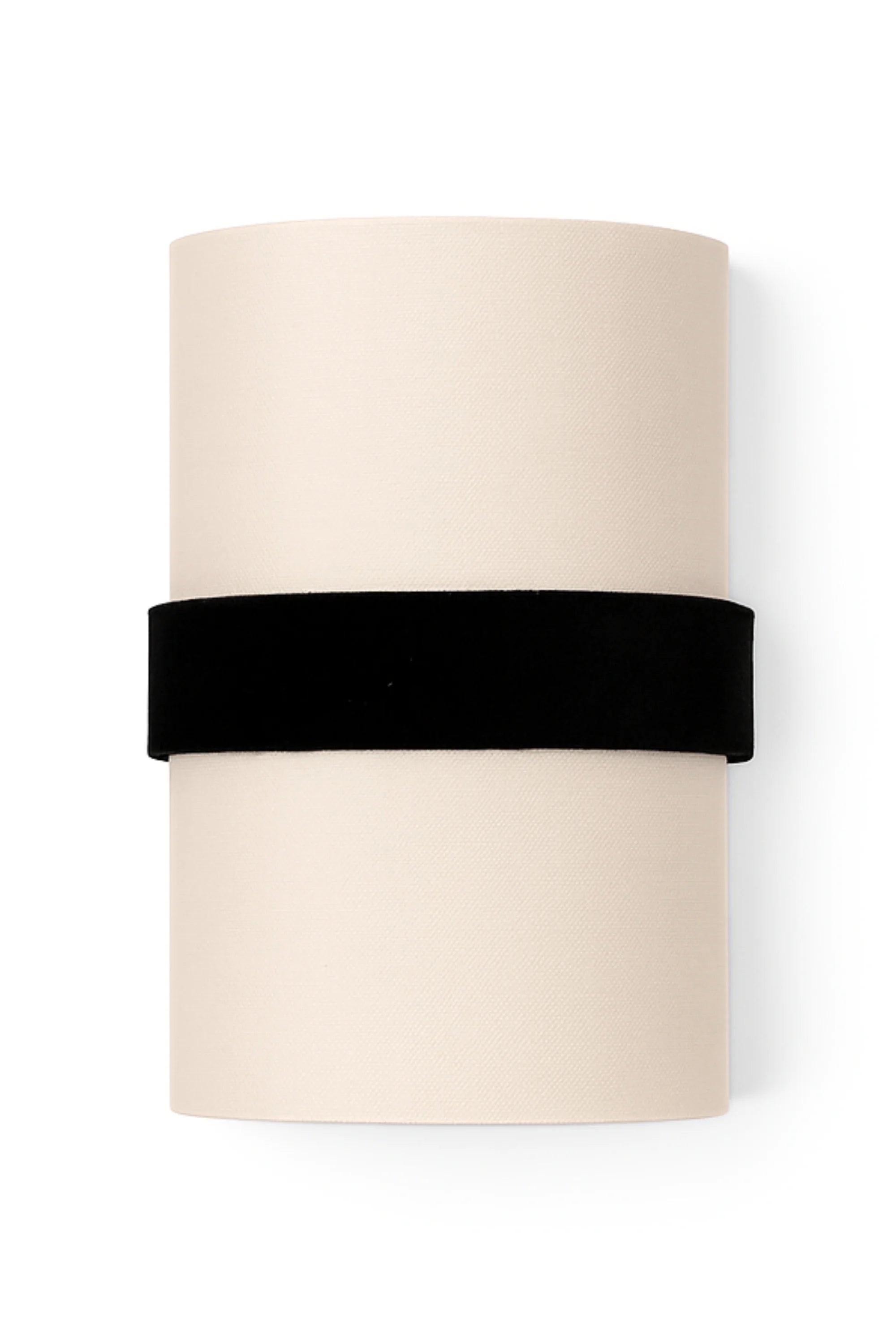 Beige cylindrical container with a black band on a white background