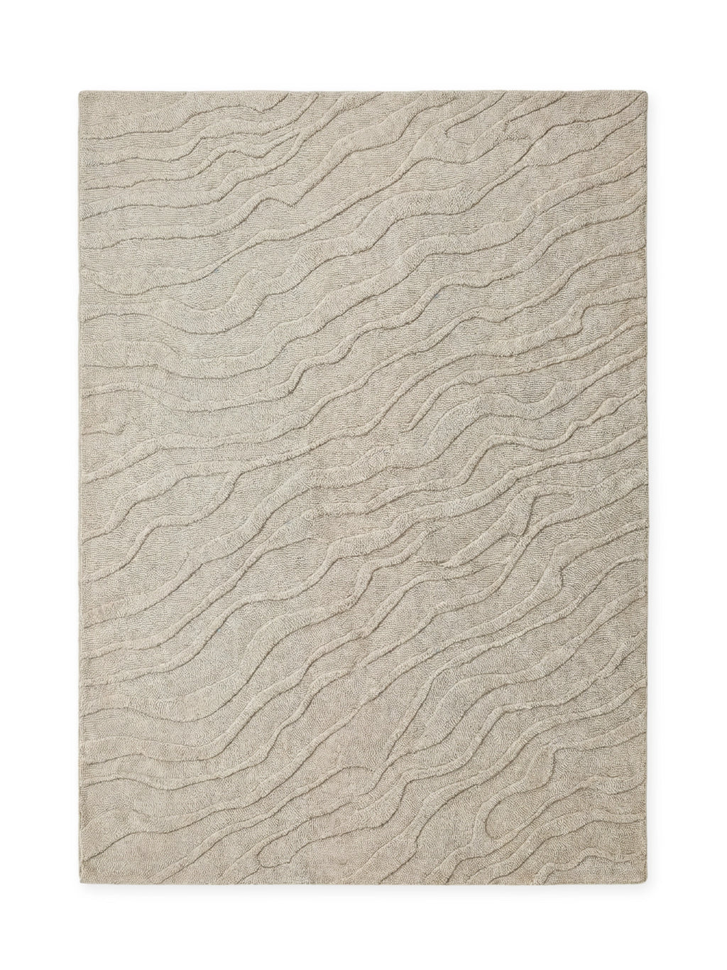 Tinted Objects Duvell Wool Rug, a rectangular, light beige area rug with a unique wavy, textured pattern. This plush, premium wool rug is perfect for adding warmth and sophisticated style to modern living rooms or bedrooms.