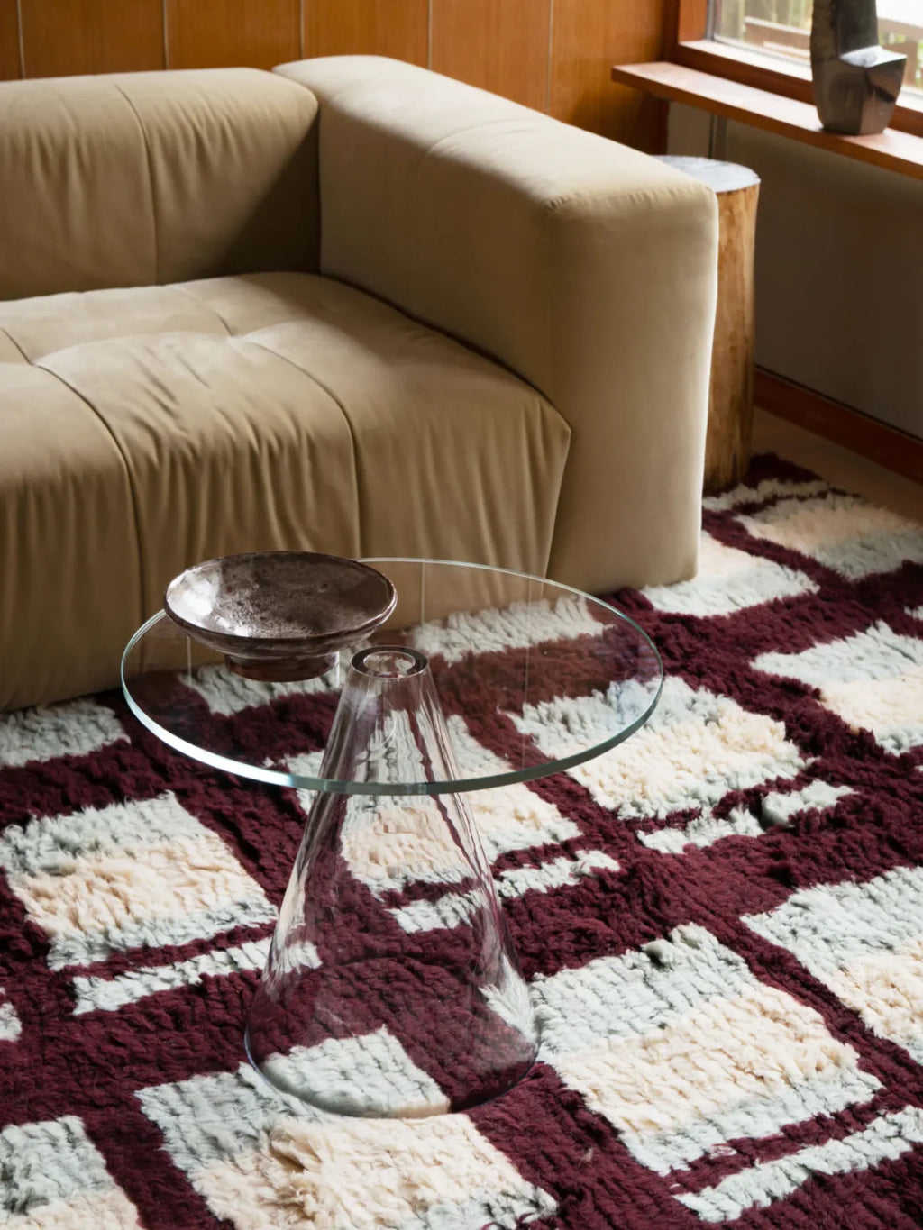 Layered Arbor Shaggy Rug, a thick pile area rug featuring a bold geometric pattern in rich burgundy and cream tones. Perfect for adding warmth and texture to any modern living room or bedroom.