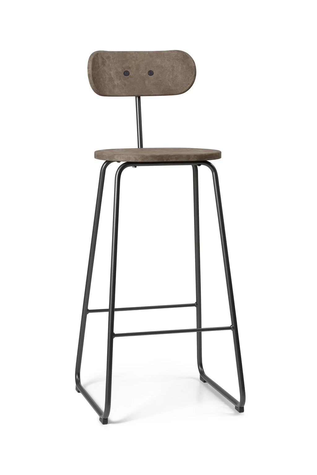 Mater Earth Counter Chair, a contemporary counter-height stool featuring a dark gray textured seat and backrest, with a sleek black metal frame, on a white background.