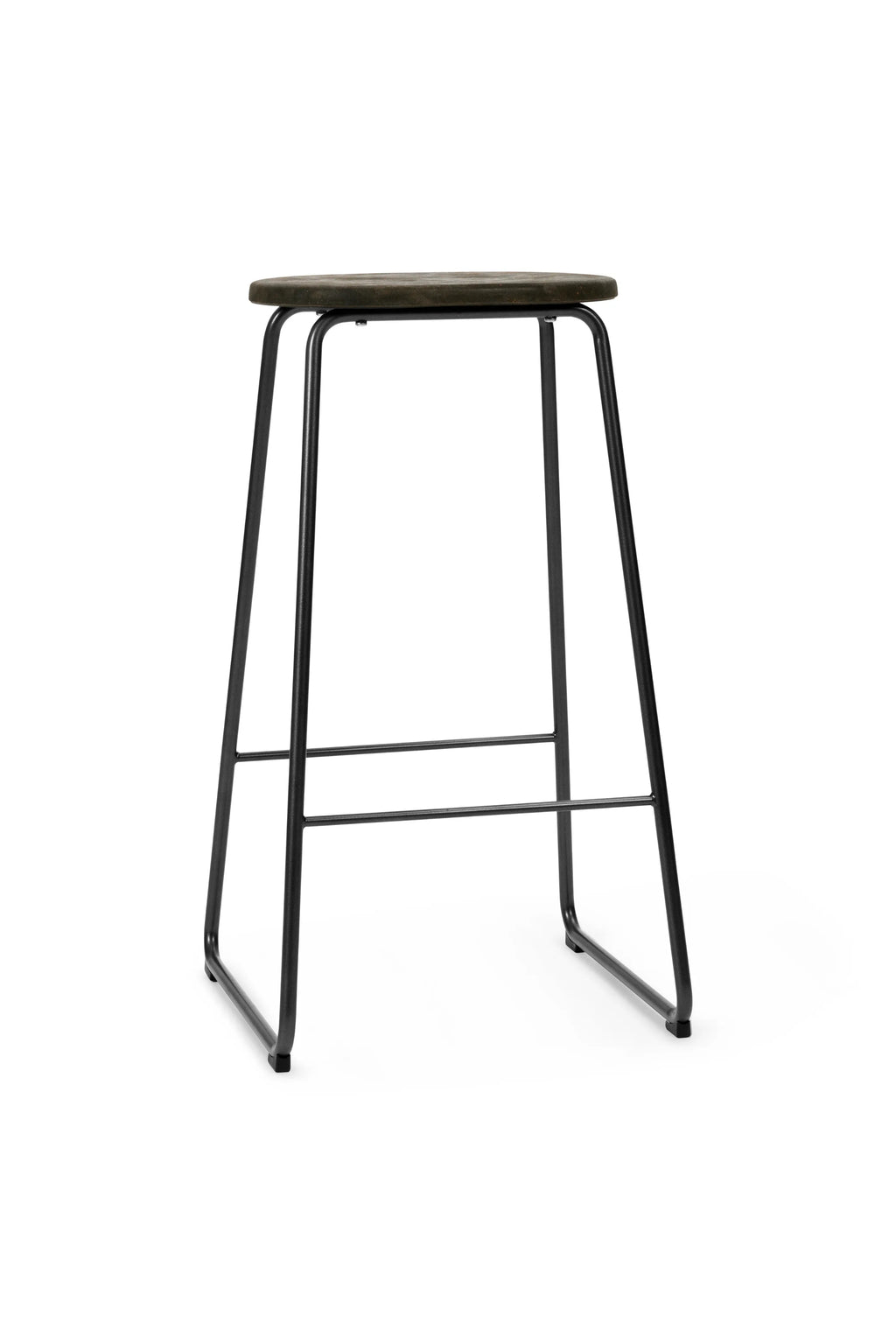 Mater Earth Counter Stool, a full-view packshot of the stylish stool featuring a dark, almost black, textured seat made from recycled materials and a sturdy black metal frame, presented on a white background.