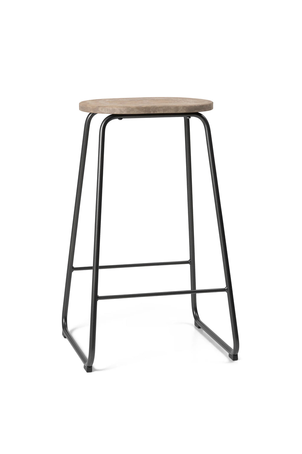 Mater Earth Counter Stool, a full-view packshot of the elegant stool with a light brown, subtly textured seat and minimalist black metal frame, designed for modern, eco-conscious spaces, on a white background.