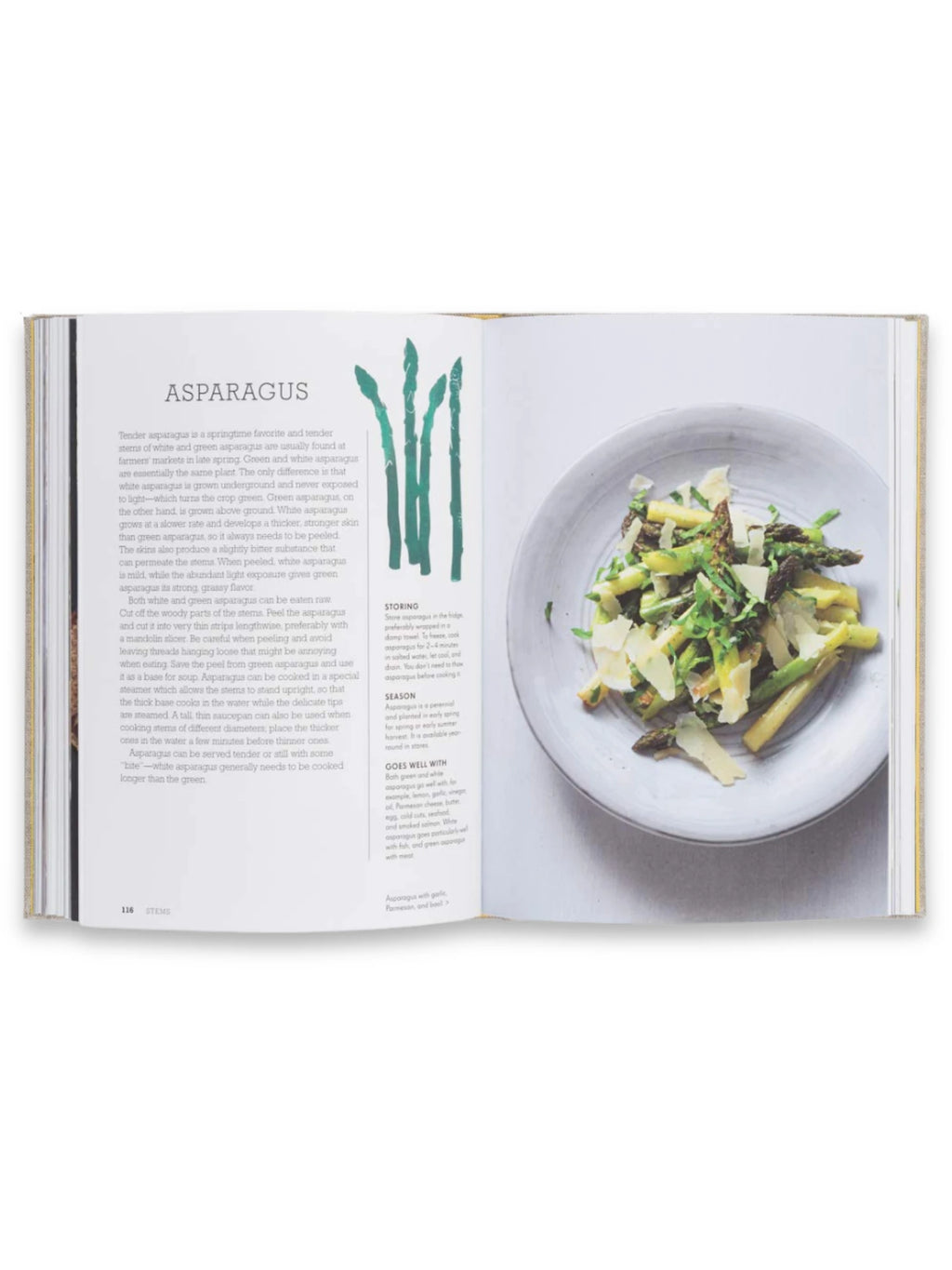 Book Eataly, Open Cookbook featuring a vibrant recipe spread for "Asparagus" with detailed text, an illustration of asparagus spears, and a beautifully plated dish of asparagus salad with shaved Parmesan on a light gray ceramic plate. This essential cookbook is perfect for home cooks and culinary enthusiasts seeking authentic Italian recipes and cooking guides.