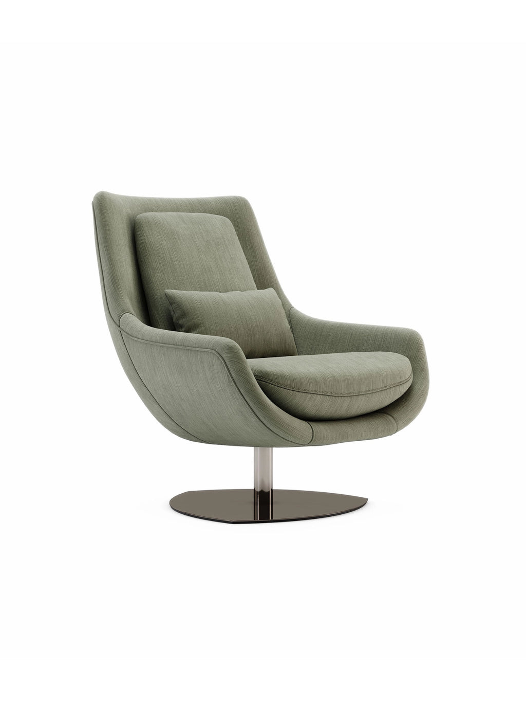 Domkapa Elba Armchair, a contemporary swivel lounge chair upholstered in a muted sage green textured fabric, featuring a sculptural, curvilinear silhouette with a wide, inviting seat and a supportive lumbar cushion. It rests on a sleek brushed metal column and a dark oval swivel base, offering both style and functionality.