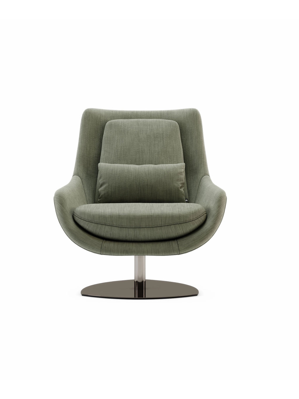 Domkapa Elba Armchair, a contemporary lounge chair upholstered in a rich sage green textured fabric with a distinctive ribbed pattern and a gently curved, organic profile. This modern swivel armchair features a plush high back, a separate back cushion, and a lumbar pillow for ultimate comfort, all supported by a sleek brushed metal column and a dark grey disc base.