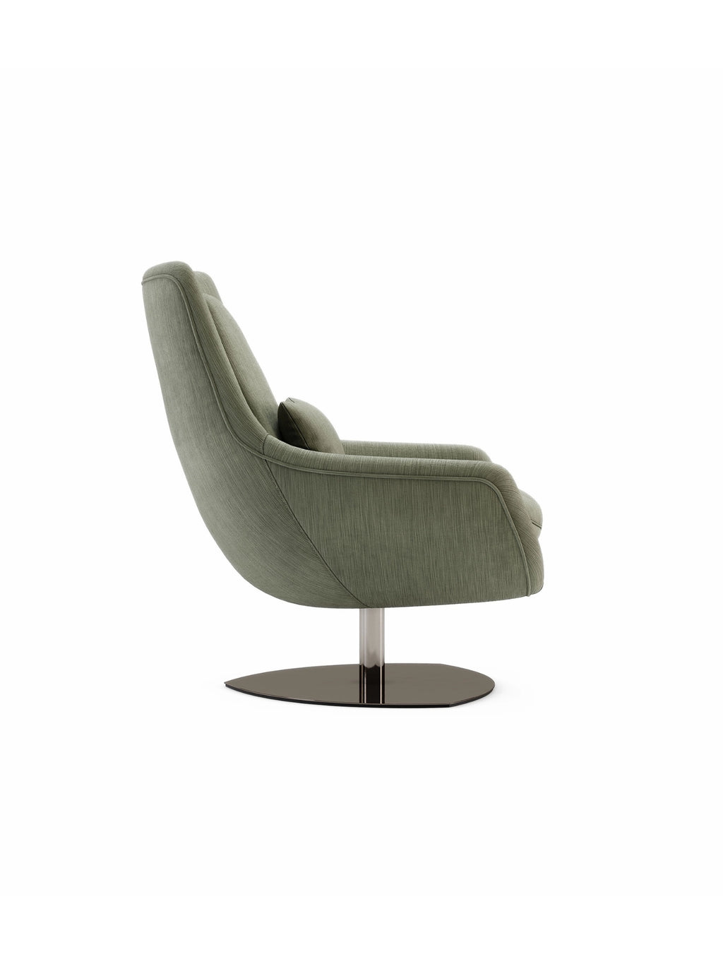 Domkapa Elba Armchair, a contemporary lounge chair featuring a gracefully curved, organic silhouette upholstered in a textured sage green fabric, offering deep seating and integrated armrests.