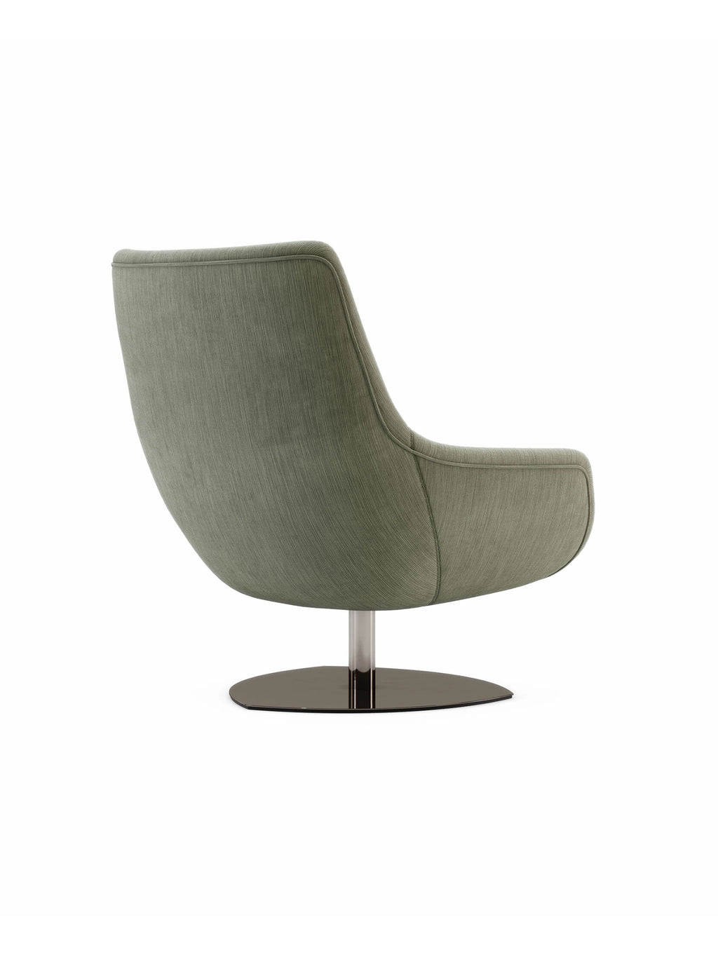 Domkapa Elba Armchair, a contemporary lounge chair featuring a curved, sculptural silhouette upholstered in a sage green fabric with a subtle vertical weave.