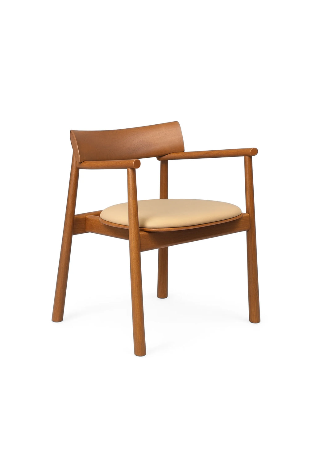 TAMO Elipsa Chair, a premium teak wood chair with a light brown stained finish, curved backrest, and light cream upholstered cushion, displayed on a white background. Ideal for modern dining spaces.