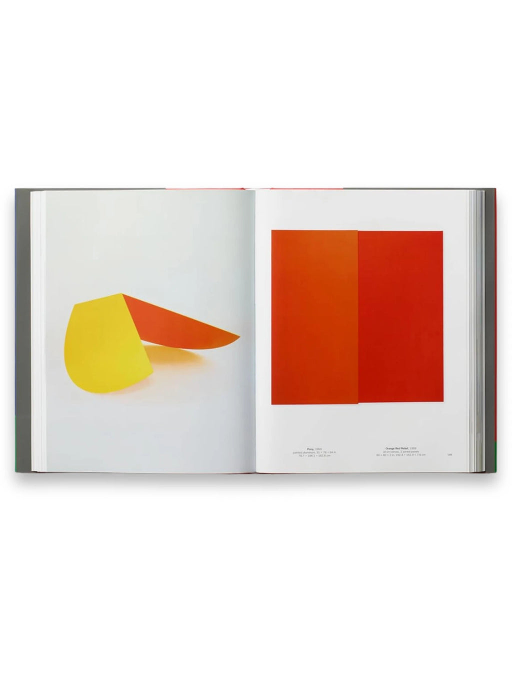 Book Ellsworth Kelly, an open art history book displaying vibrant abstract geometric art. The left page features a yellow and orange curved sculpture, while the right page shows a bold orange and red color block painting. This premium art book is perfect for art enthusiasts and collectors seeking comprehensive insights into Kelly's iconic abstract works.