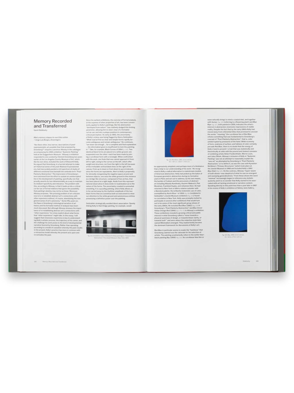 Book Ellsworth Kelly, open art history book featuring a large, high-quality color plate of Kelly's abstract "Red Blue" artwork on the right page, alongside detailed academic text. This premium art book is perfect for art enthusiasts, students, and collectors interested in modern abstract art and art theory.