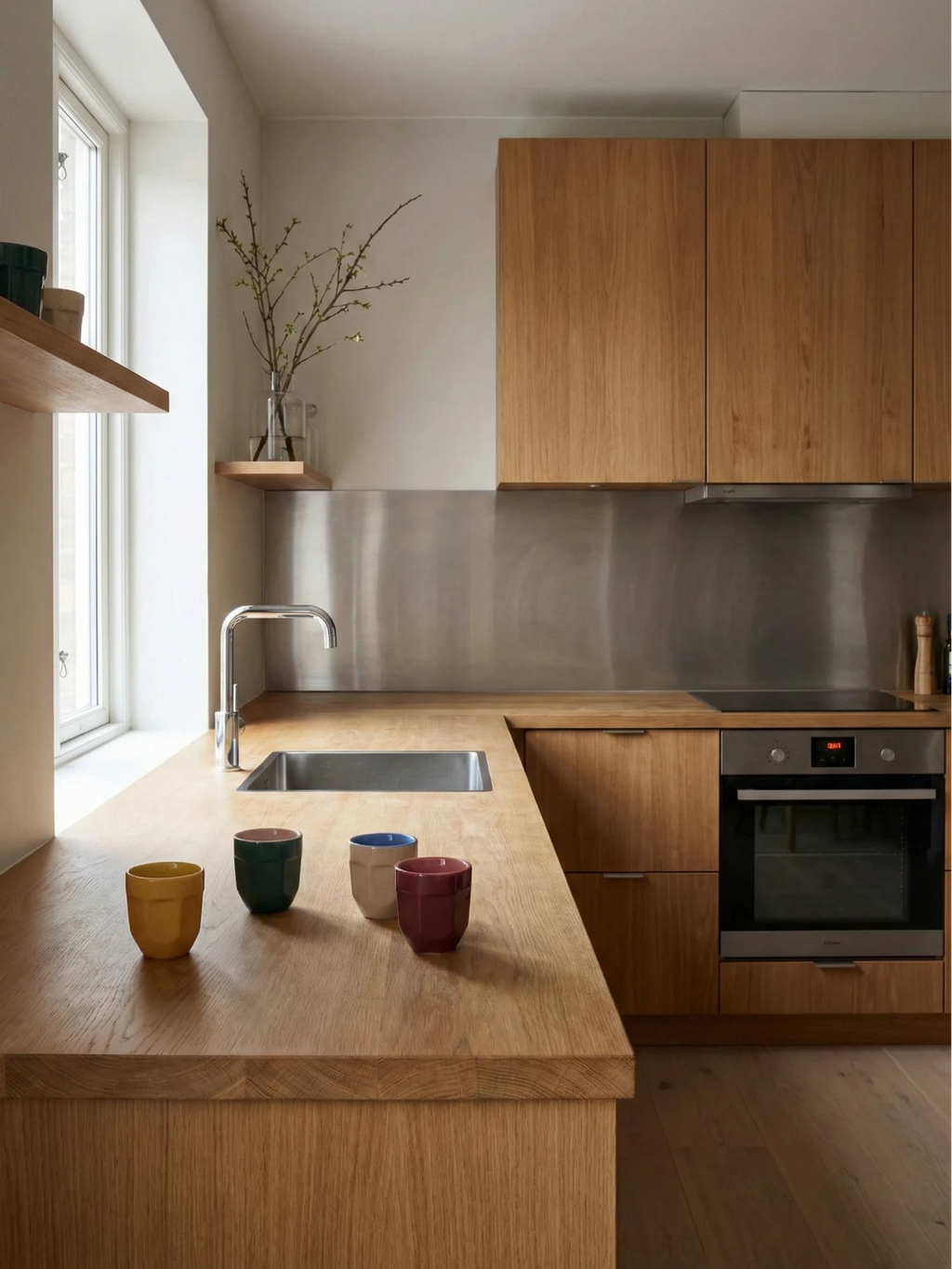 POLSPOTTEN Espresso Mug - Set of 4, colorful ceramic cups in yellow, green, blue, and maroon arranged on a wooden countertop. These stylish and durable mugs are perfect for enjoying a morning espresso in a modern kitchen.