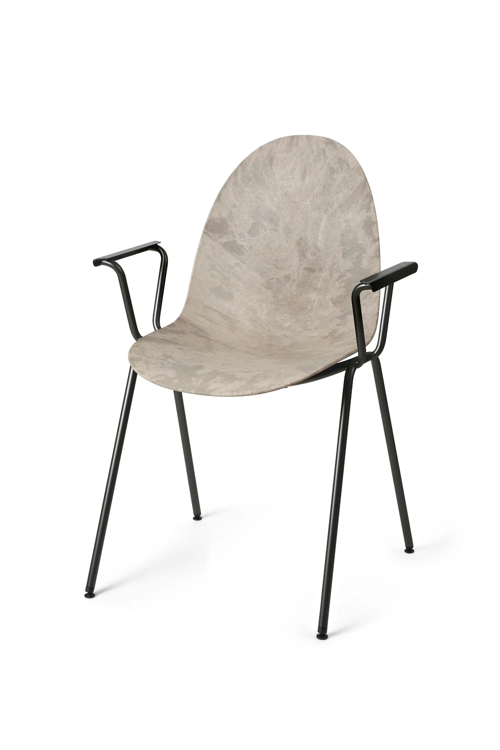 Mater Eternity Armchair, presented from a front-angle perspective on a pristine white background. This elegant chair features a light beige, subtly textured seat and backrest, offering a warm and inviting aesthetic. Its sleek black metal frame and integrated armrests contribute to its modern and comfortable design.