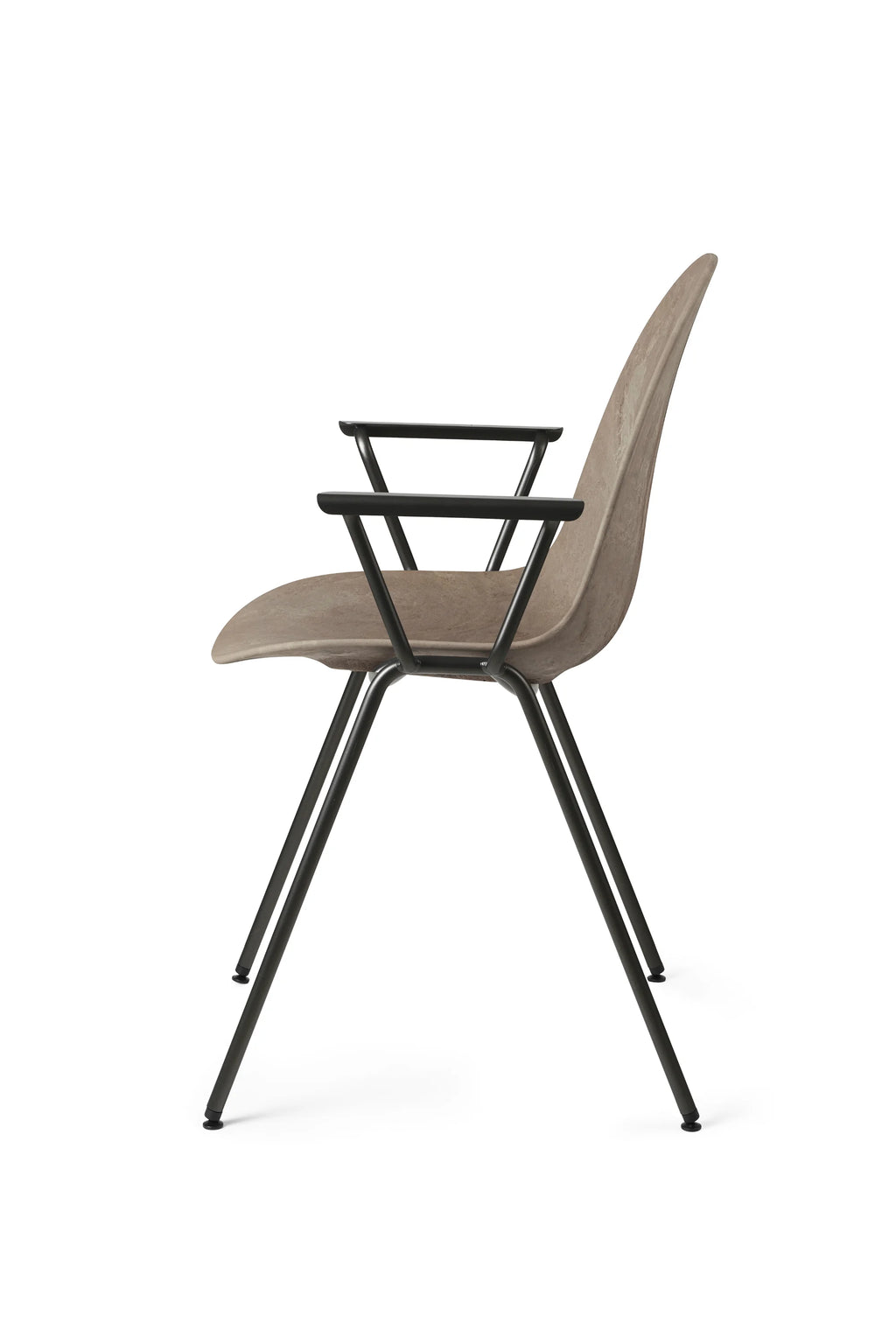 Mater Eternity Armchair, presented in a side profile view on a clean white background. This modern chair features a light brown, subtly textured seat and backrest, crafted from a unique material. Its elegant design is complemented by a slender black metal frame and armrests, showcasing its contemporary and minimalist appeal.