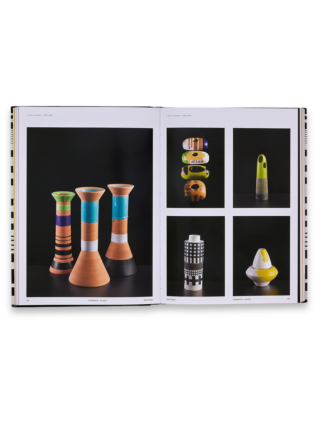 Book Ettore Sottsass, an open art history book displaying vibrant, Memphis-style ceramic and glass designs on glossy pages. This comprehensive art book is perfect for design enthusiasts, students, and collectors interested in modern art and architectural history.