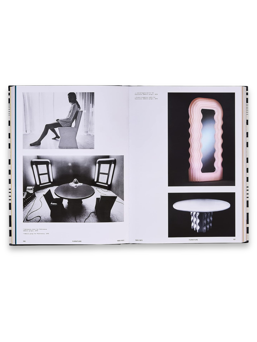 Book Ettore Sottsass, an open art and design book displaying various vintage furniture pieces and a pink wavy mirror. This comprehensive book is perfect for design enthusiasts and students of modern art history.