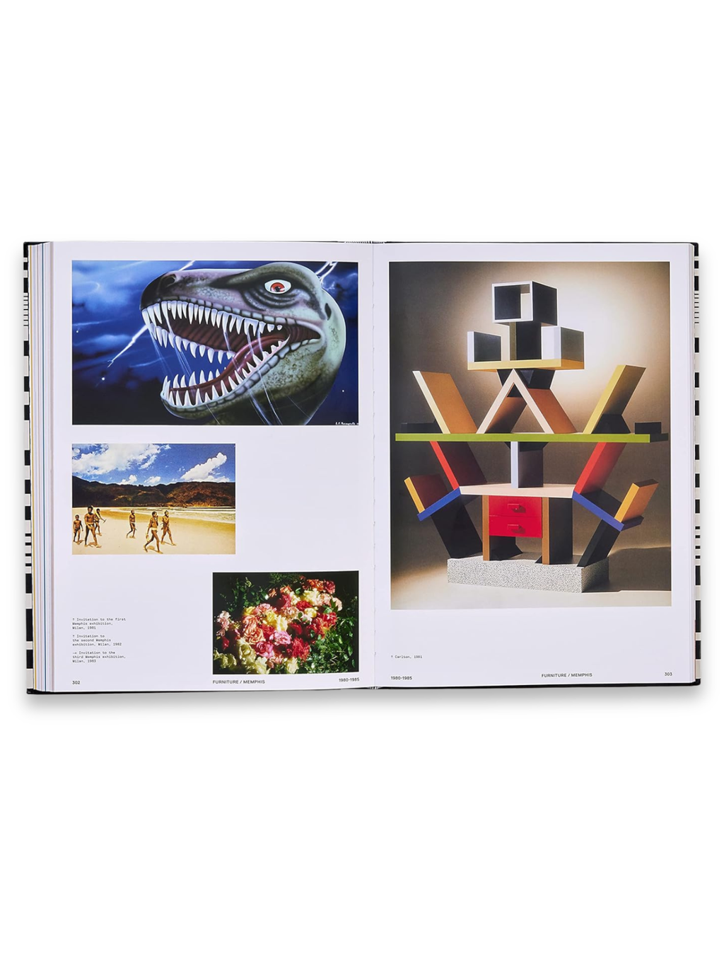 Book Ettore Sottsass, an open hardcover art book displaying vibrant, colorful design and photography. The left page features three images: a menacing dinosaur, people on a beach, and a bouquet of roses, alongside text about Memphis exhibitions. The right page showcases a striking, geometric, multi-colored furniture piece from the Memphis Group. This essential art history book is perfect for designers, architects, and art enthusiasts interested in modern and postmodern movements.