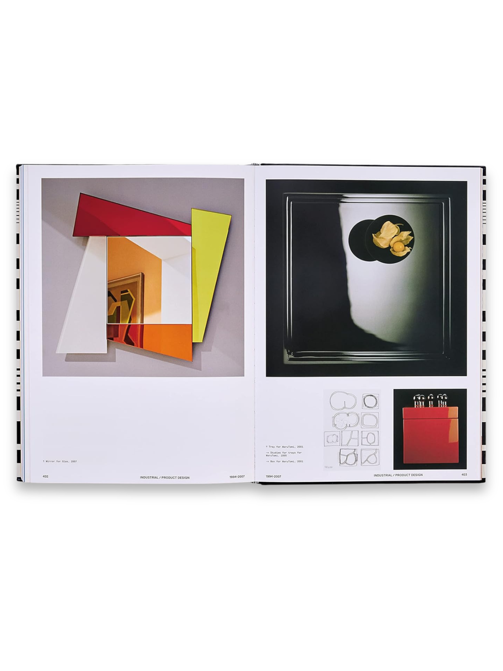 Book Ettore Sottsass, an open academic book showing interior pages with vibrant, colorful images of modern art and industrial design, including a geometric mirror and a sleek black tray. This premium art book is perfect for design enthusiasts, students, and collectors interested in influential designers and contemporary art history.