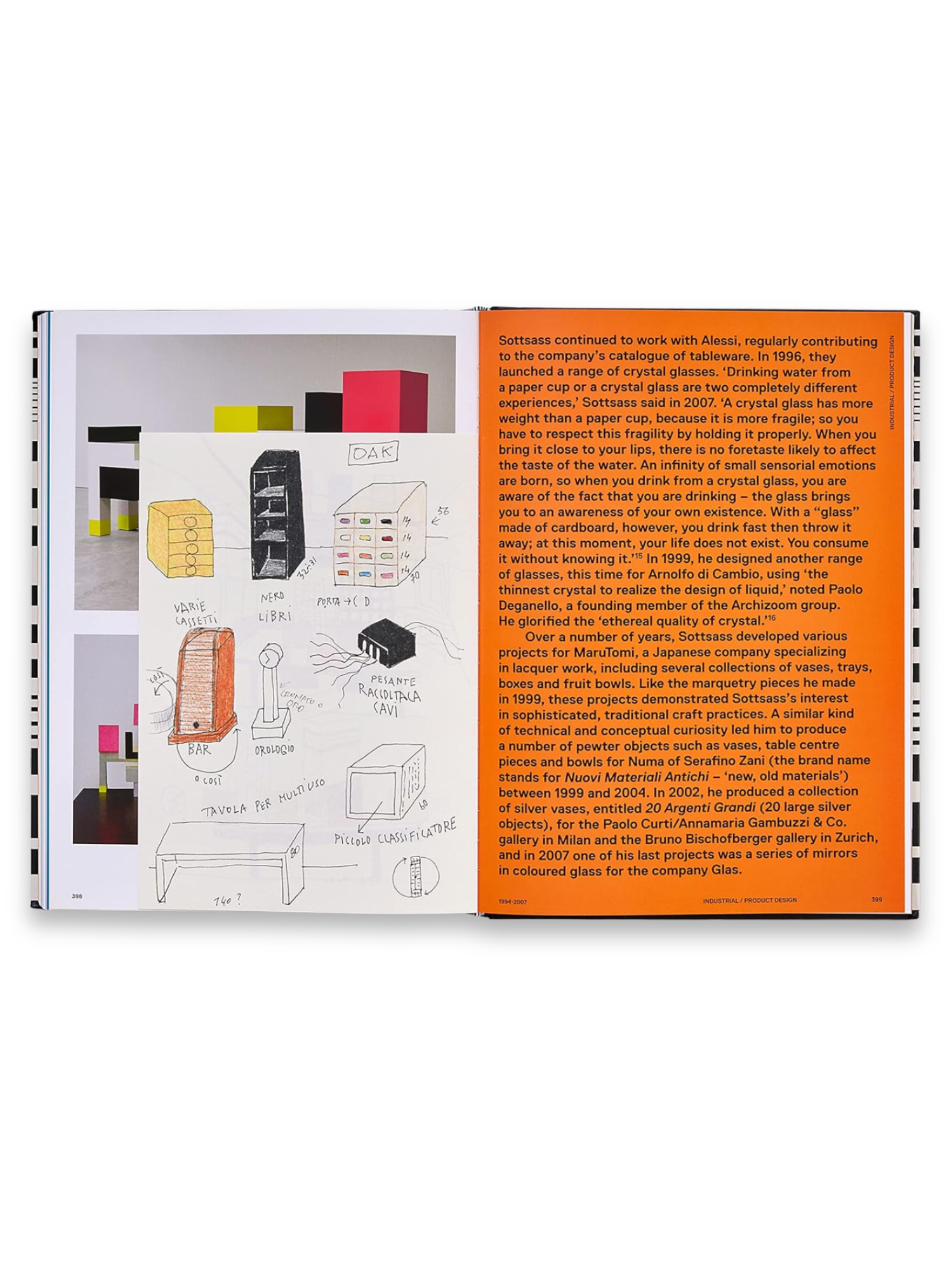 Book Ettore Sottsass, an open academic hardcover book displaying vibrant design sketches and architectural drawings in black, red, yellow, and blue, alongside detailed text on a white page. This insightful art and design book is perfect for students, professionals, and enthusiasts of modern architecture and industrial design.