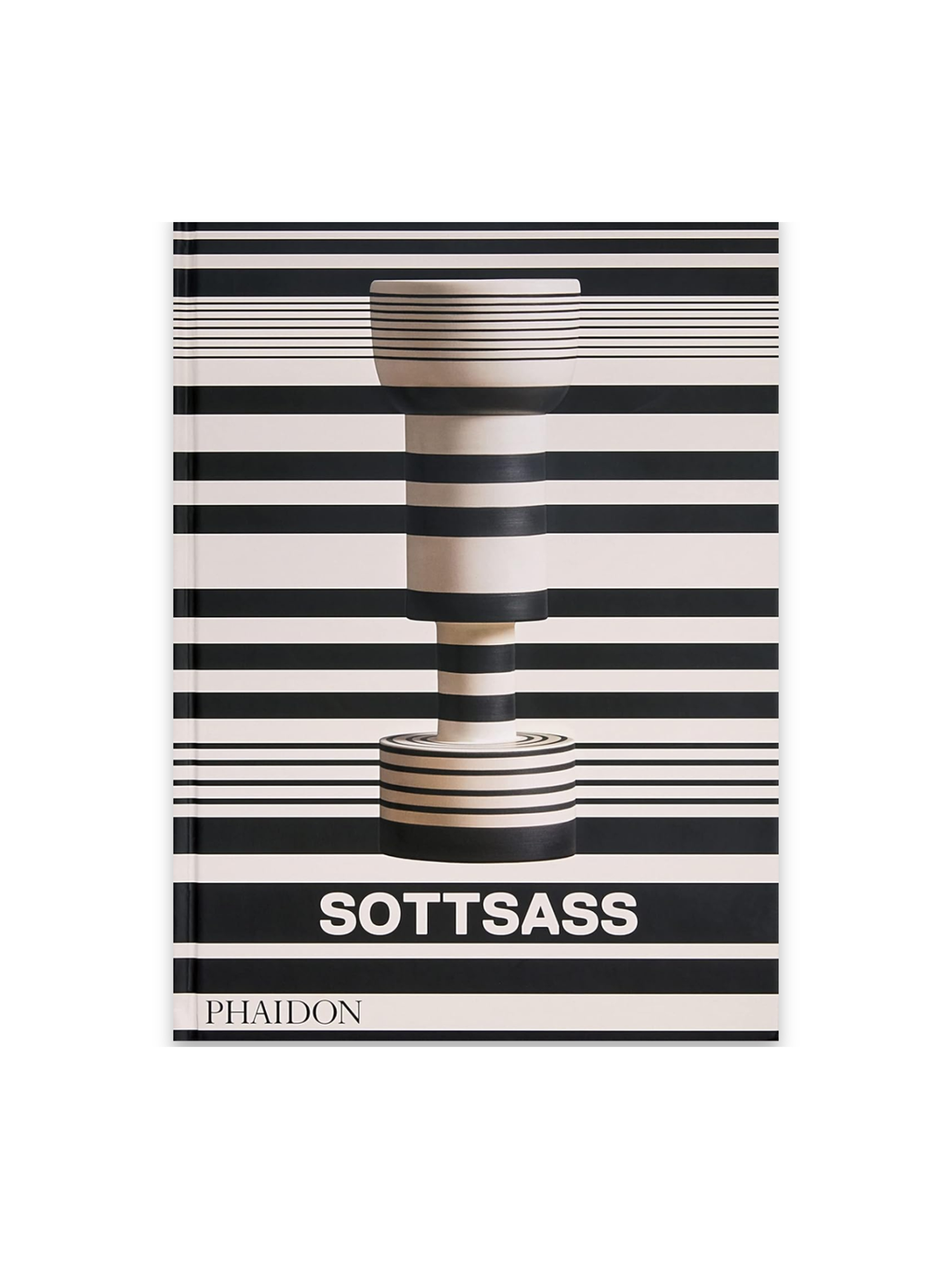 Book Ettore Sottsass, a stylish black and white hardcover book featuring a bold striped pattern and a central abstract, striped vase design. This collectible art book is an essential resource for design enthusiasts and students of modern architecture.