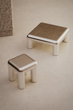 Two metallic stools on a neutral surface