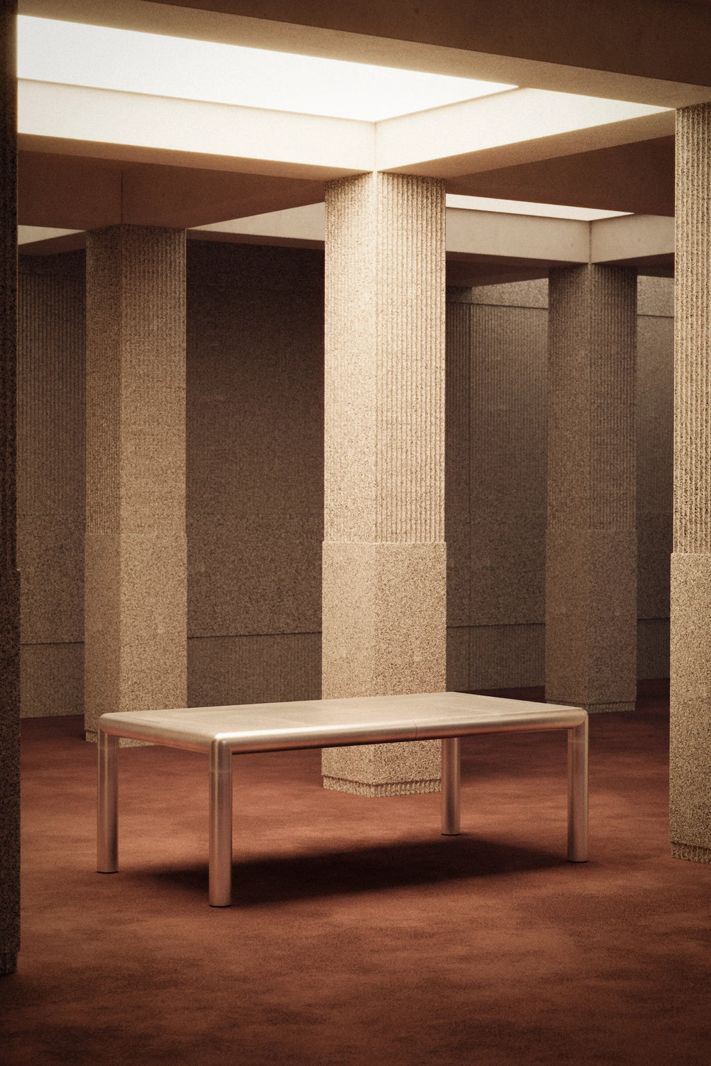 Modern architectural interior with a bench and tall columns.