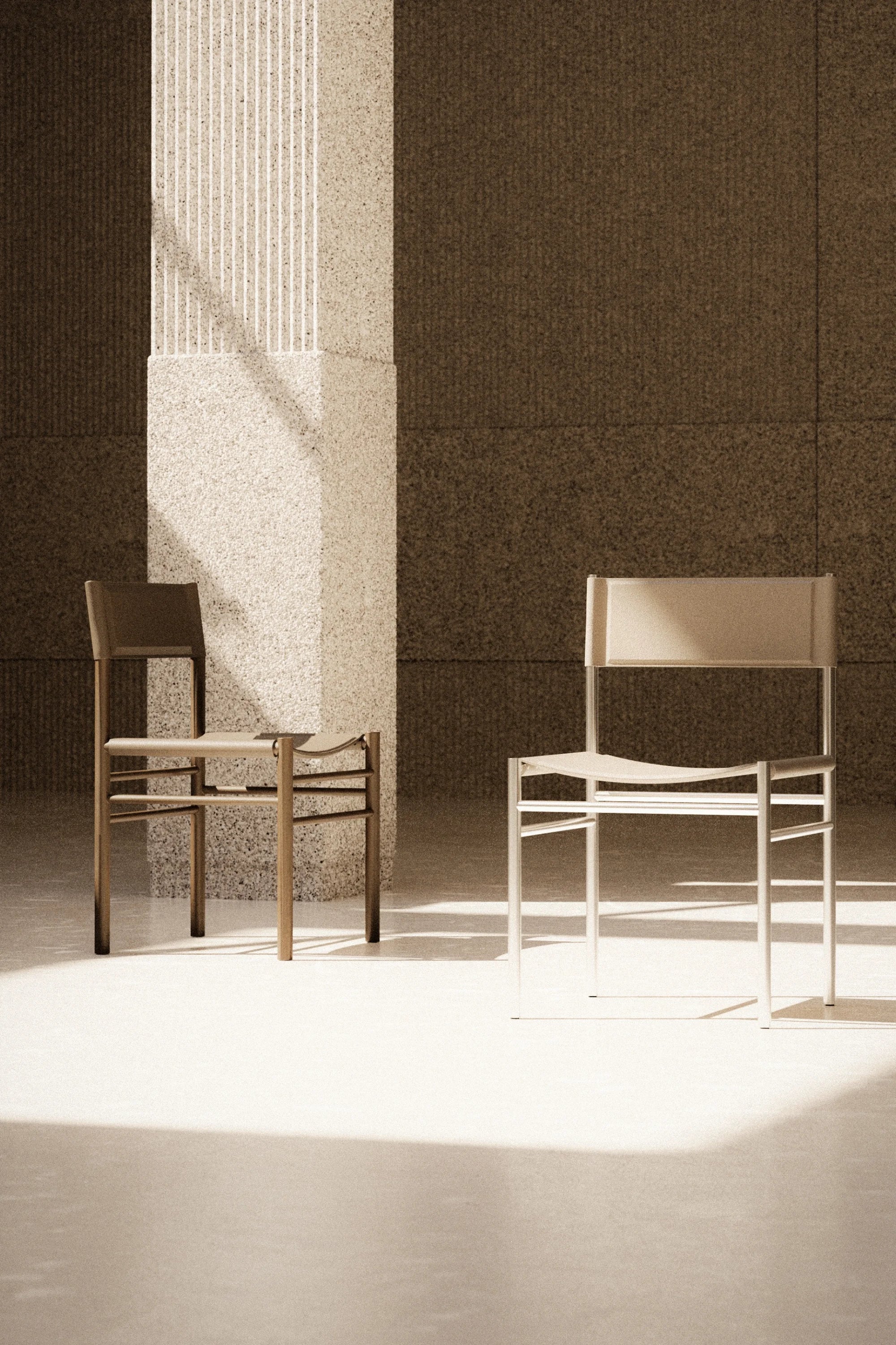 Two chairs in a minimalistic setting with a textured wall and light source.