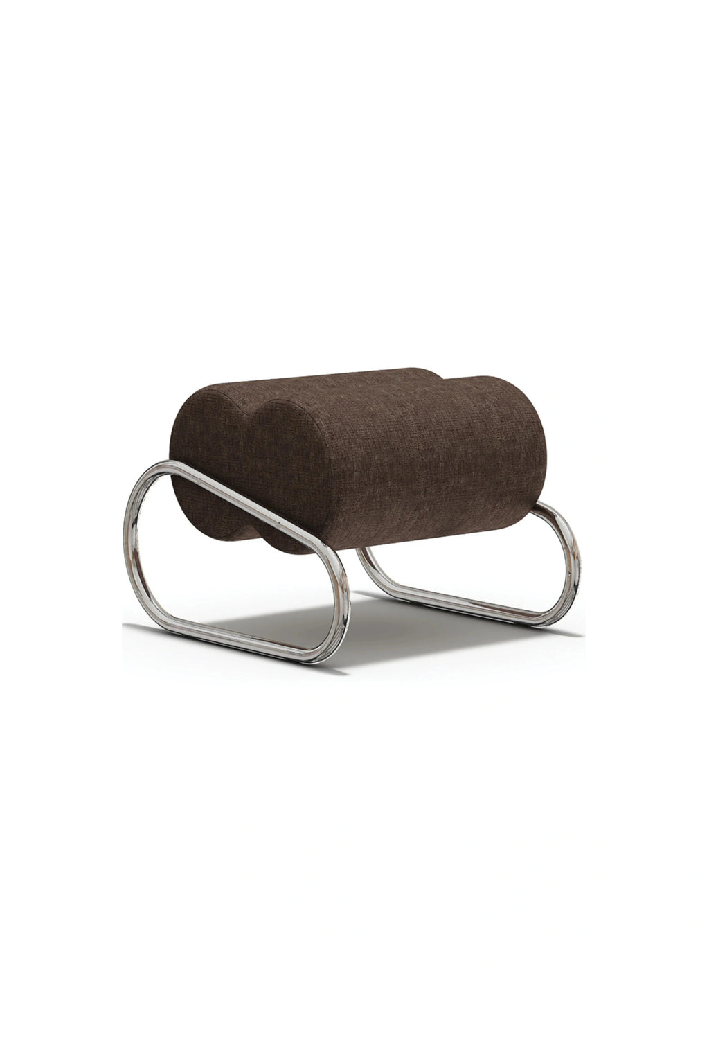 NORR11 Fave Footstool, a modern minimalist footstool featuring dark brown textured fabric upholstery formed into two connected cylindrical cushions atop a sleek, polished chrome tubular steel frame. This Bauhaus-inspired design offers comfortable extra seating or a stylish ottoman for contemporary living rooms and bedrooms.