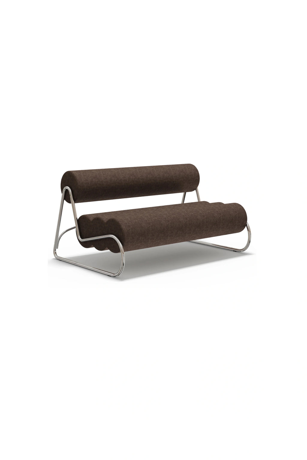 NORR11 Fave Sofa, a distinctive mid-century modern 2-seater sofa featuring a sleek tubular polished chrome frame and unique cylindrical cushioning. Upholstered in a rich dark brown textured fabric, this contemporary lounge sofa offers a minimalist yet inviting aesthetic for plush seating. Perfect for industrial chic living rooms, modern apartment interiors, or stylish office reception areas.