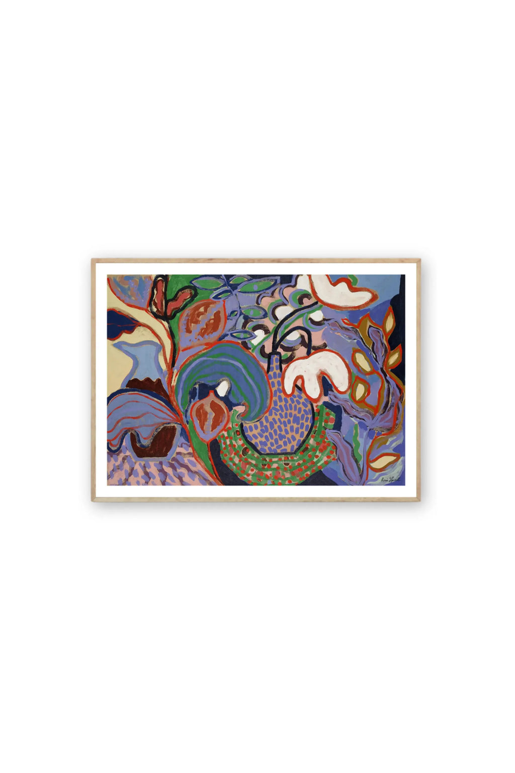 The Poster Club Felicity - Art Print, a vibrant contemporary abstract poster art piece featuring organic shapes in purple, green, red, and blue hues, encased in a natural wooden frame. This stylish wall art is perfect for adding a modern, artistic touch to any home or office decor.