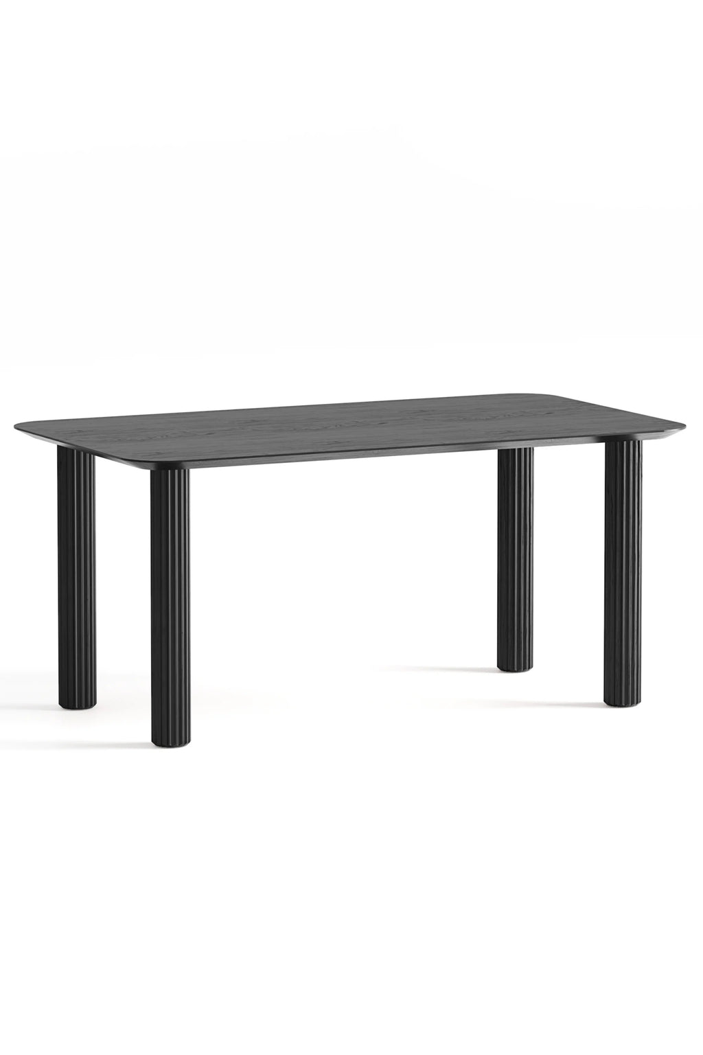 TAMO Filar Dining Table, featuring a rectangular matte black wooden top with rounded corners and four fluted pillar legs, presented on a white background. This luxury centerpiece is perfect for modern dining rooms.