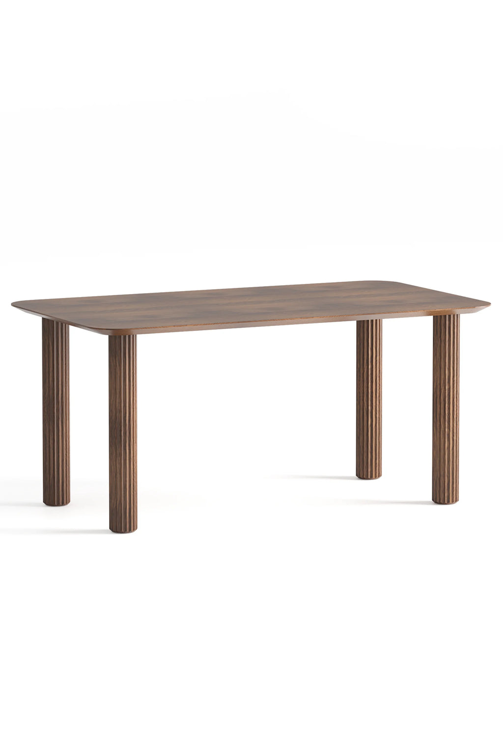 TAMO Filar Dining Table: Rectangular dark brown wood grain table with gently rounded corners, featuring four premium cylindrical legs with vertical ribbed texture, shown against a white background. Ideal for a contemporary dining space.