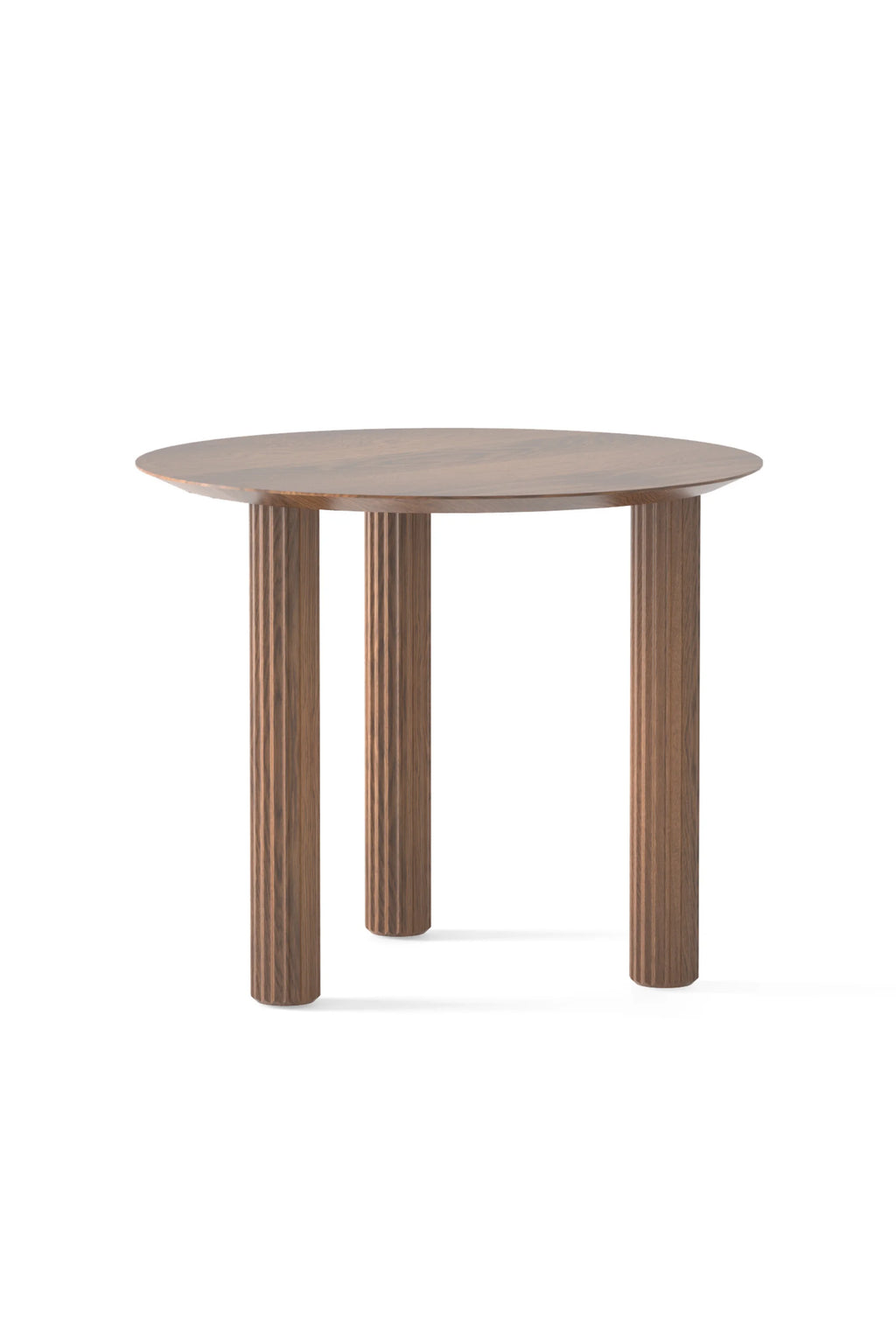 TAMO Filar Round Dining Table, showcasing its luxury dark walnut wooden top and three reeded, cylindrical legs on a white background. Ideal for a modern dining space.