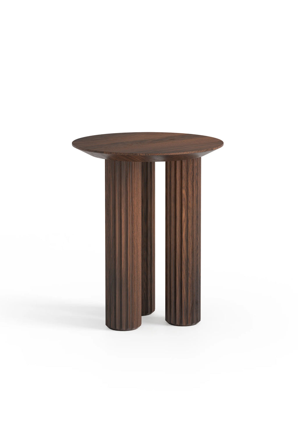 TAMO Filar Side Table, a round, dark brown wood accent table with three fluted, cylindrical legs, showcasing premium craftsmanship. Ideal for modern living spaces.