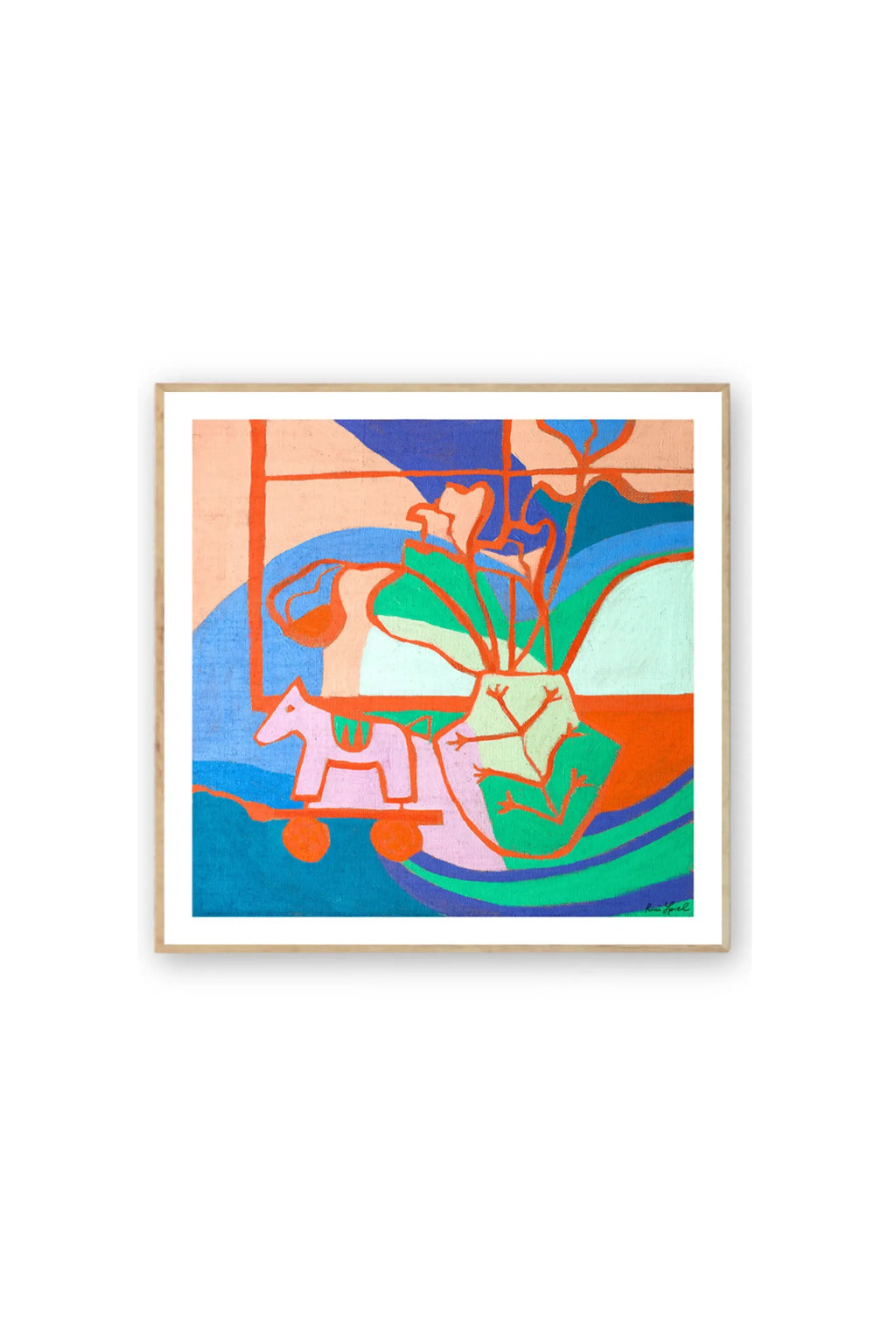 The Poster Club Fini - Art Print, an abstract poster featuring bold blocks of peach, various blues, vivid green, and vibrant orange with thin orange outlines depicting a rocking horse and stylized plant. This colorful modern art print is ideal for contemporary home decor enthusiasts.