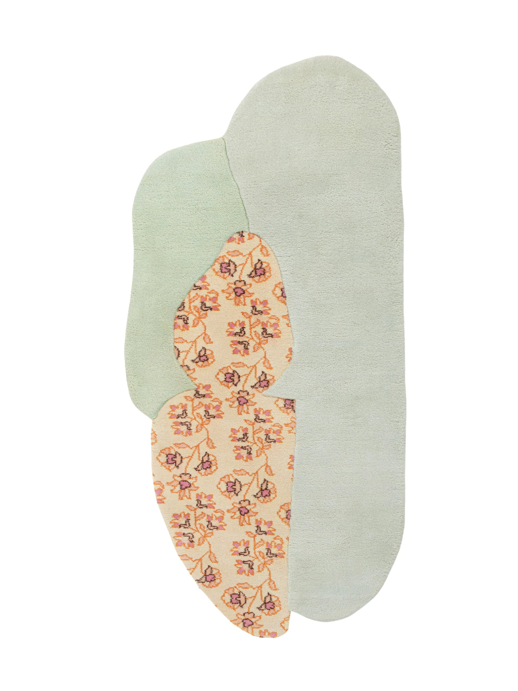 Haus Üger Flora Rug, an organic modern irregular shaped rug with a soft, plush pile, featuring a unique layered design in pale sage green and a cream-colored section.