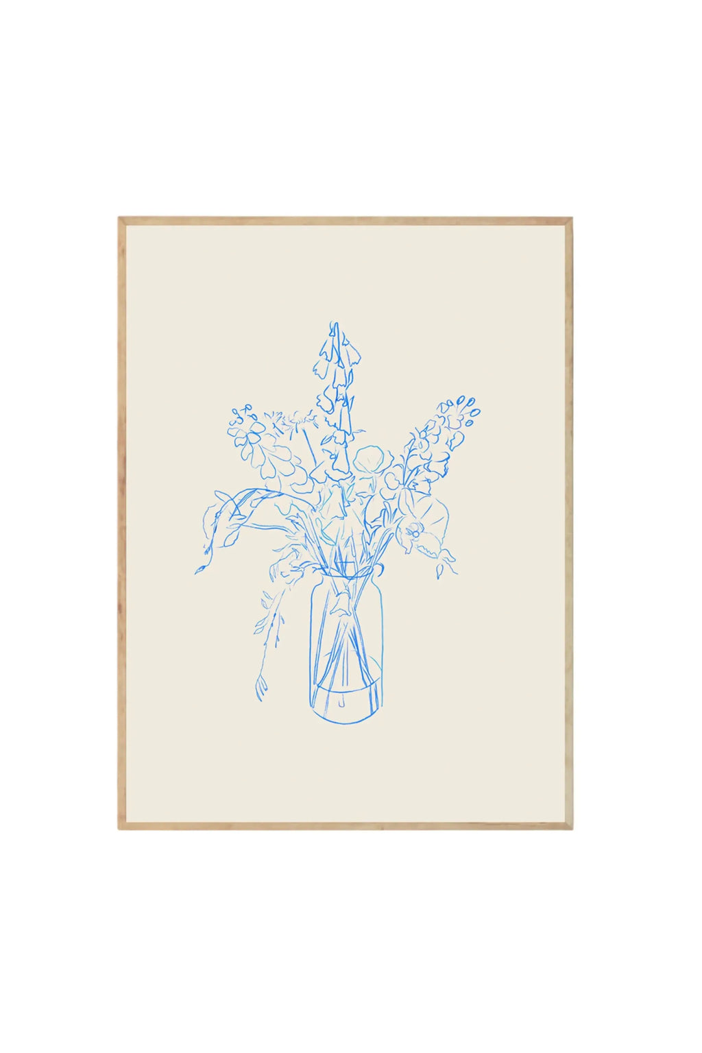 The Poster Club Flower Study - Art Print, a minimalist blue line art drawing of flowers in a vase on a light beige background, framed in natural light wood. This elegant poster is perfect for modern home decor enthusiasts seeking stylish wall art.
